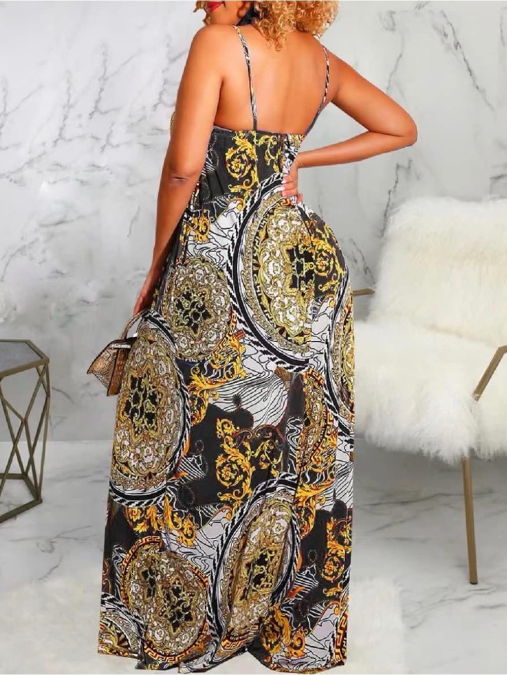 Elegant Wide-Leg Printed Jumpsuit in Black & Gold size S ,M,L,XXL - Picture 3 of 3
